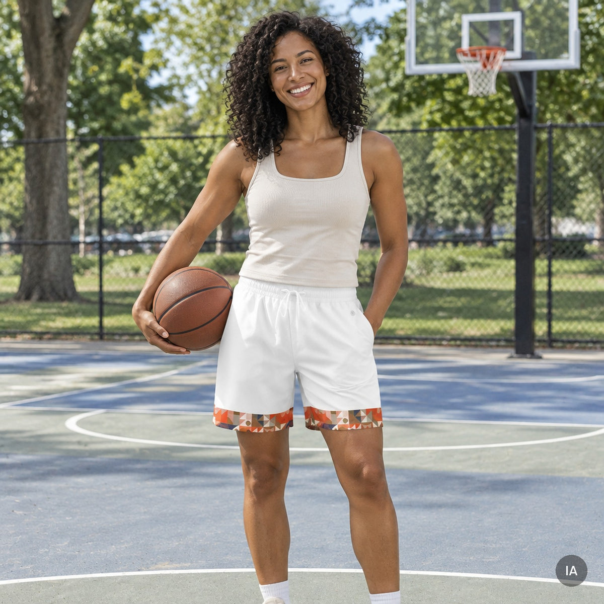 Pantalón corto de deporte largo Terracota con modelo generada por IA [mujer]