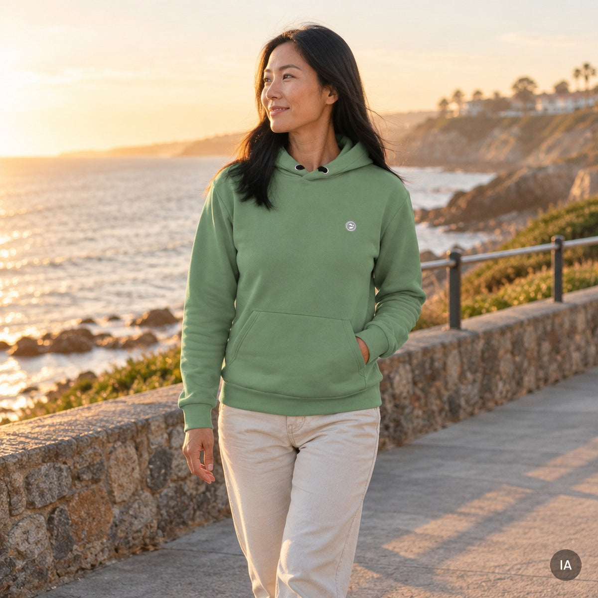 Sudadera con capucha Dark Sea Green con modelo generada por IA [mujer]