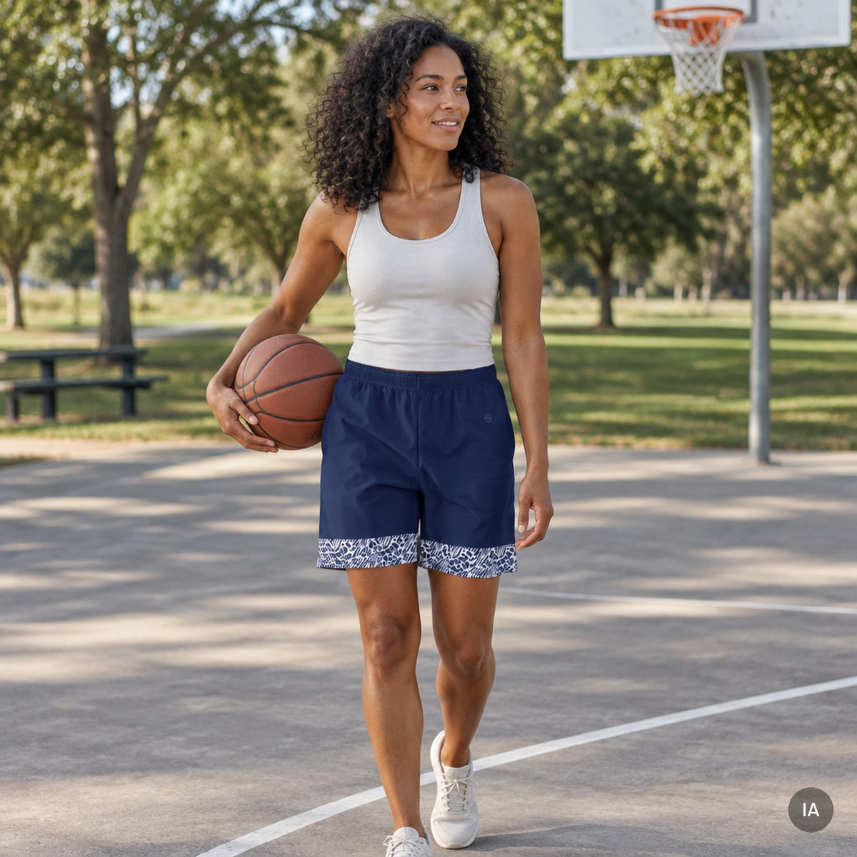 Pantalón corto de deporte largo Azul Marino Botánico con modelo generada por IA [mujer]