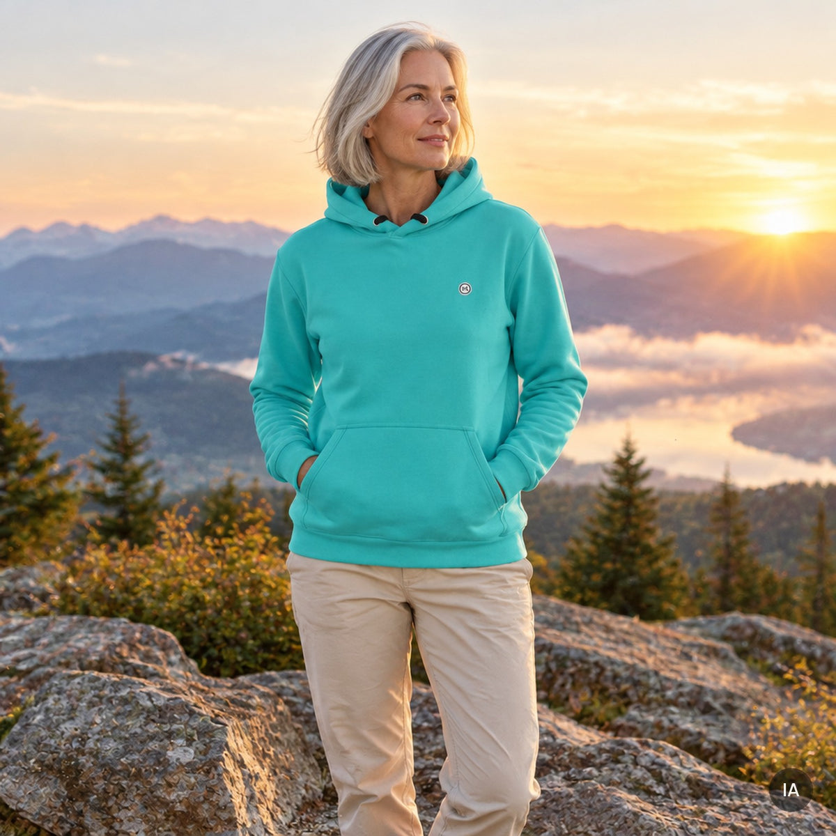 Sudadera con capucha Turquesa con modelo generada por IA [mujer]