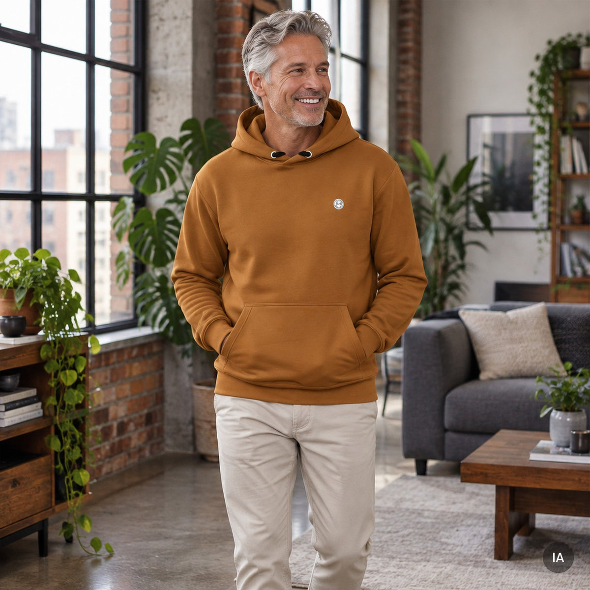 Sudadera con capucha Rich Gold con logo Om Domo con modelo generado por IA [hombre]