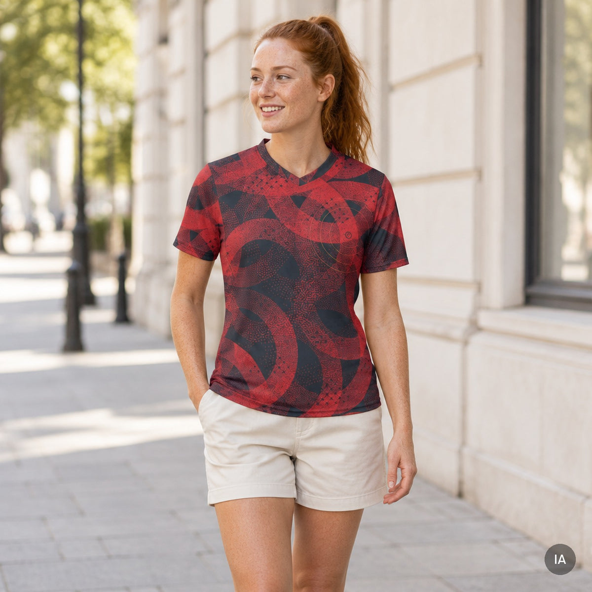 Camiseta deportiva Om Rojo Dorsal 10 con modelo generada por IA [mujer]