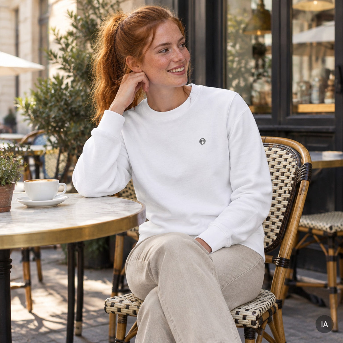 Sudadera blanca Om bordada con modelo generada por IA [mujer]
