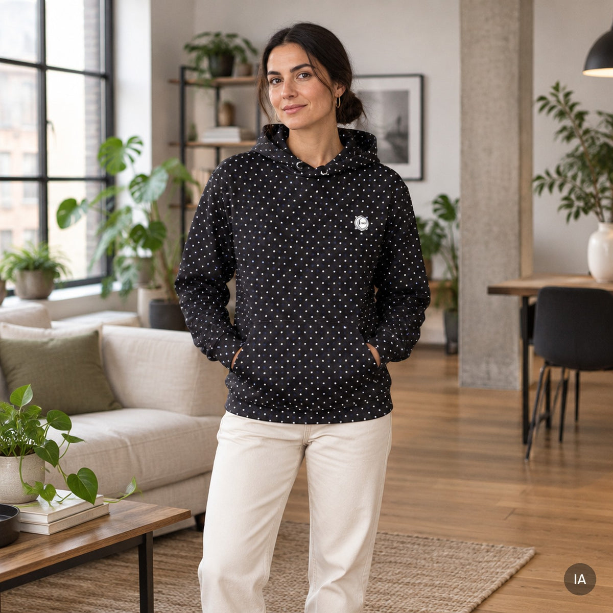 Sudadera con capucha Puntos con modelo generada por IA [mujer]