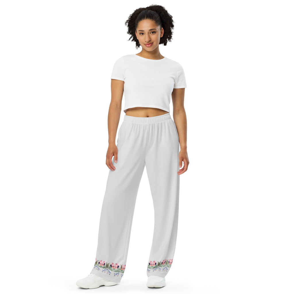 Whisper gray wide-leg pants with flowers