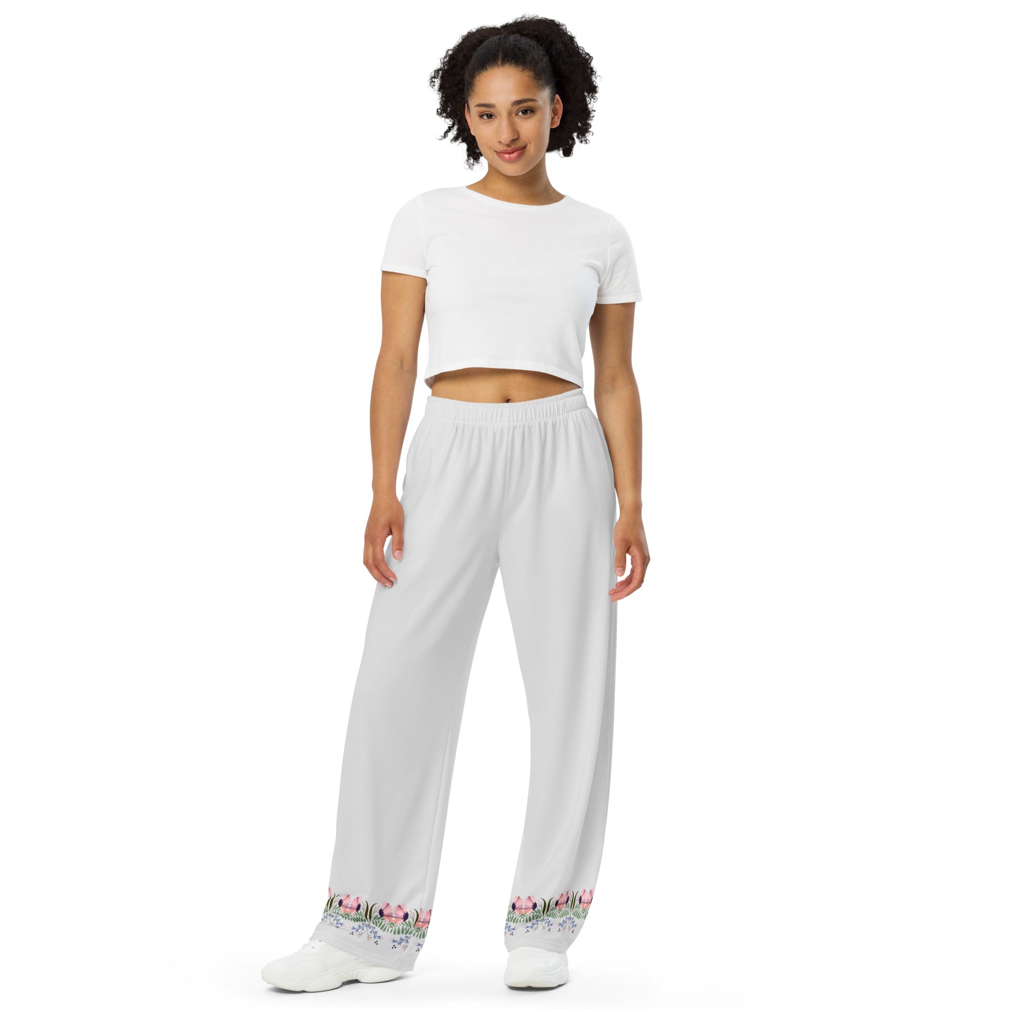 Whisper gray wide-leg pants with flowers