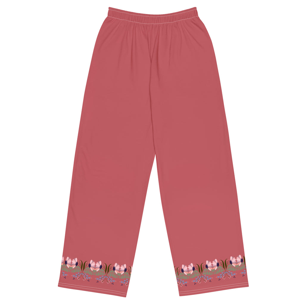 Wide crimson pants with flowers