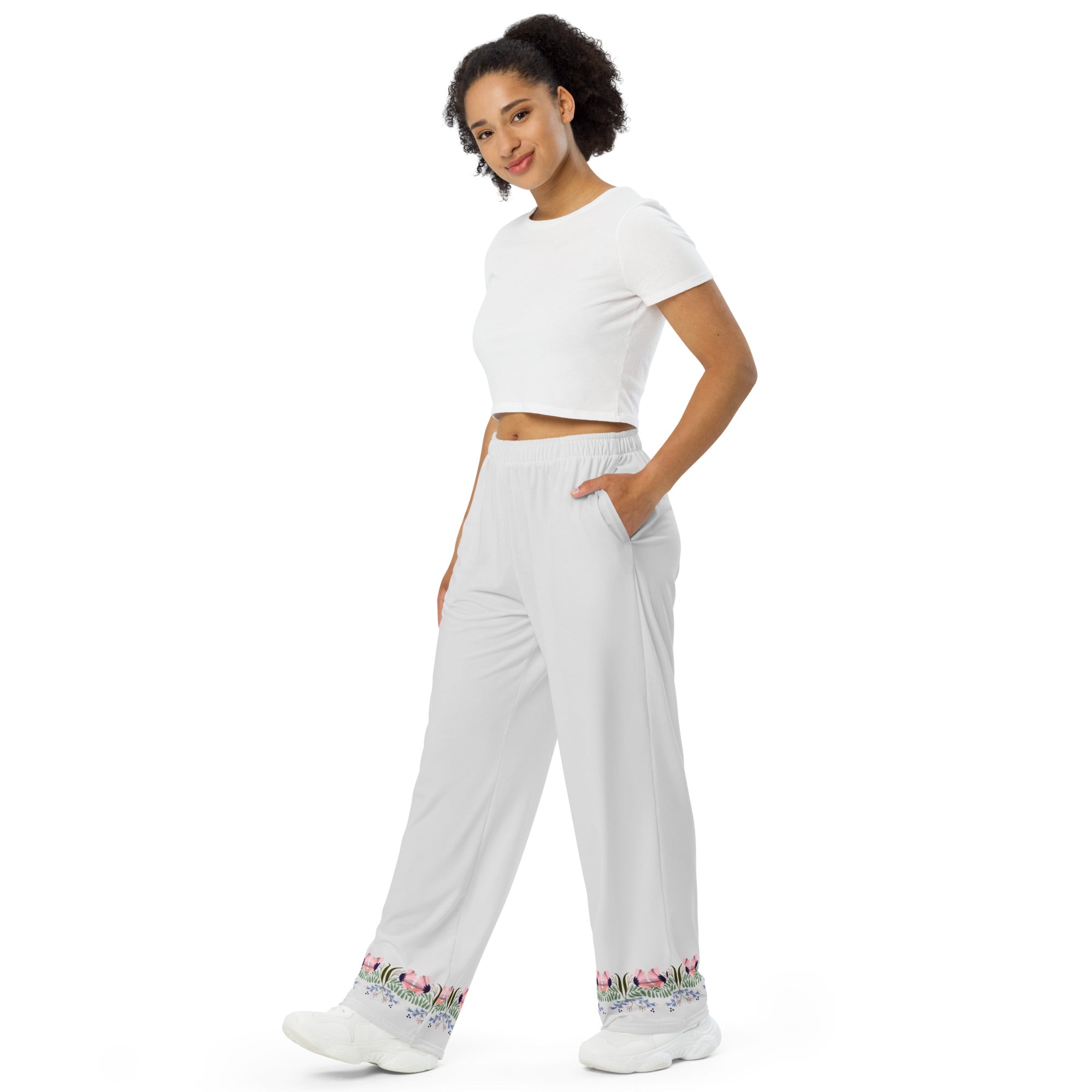 Whisper gray wide-leg pants with flowers