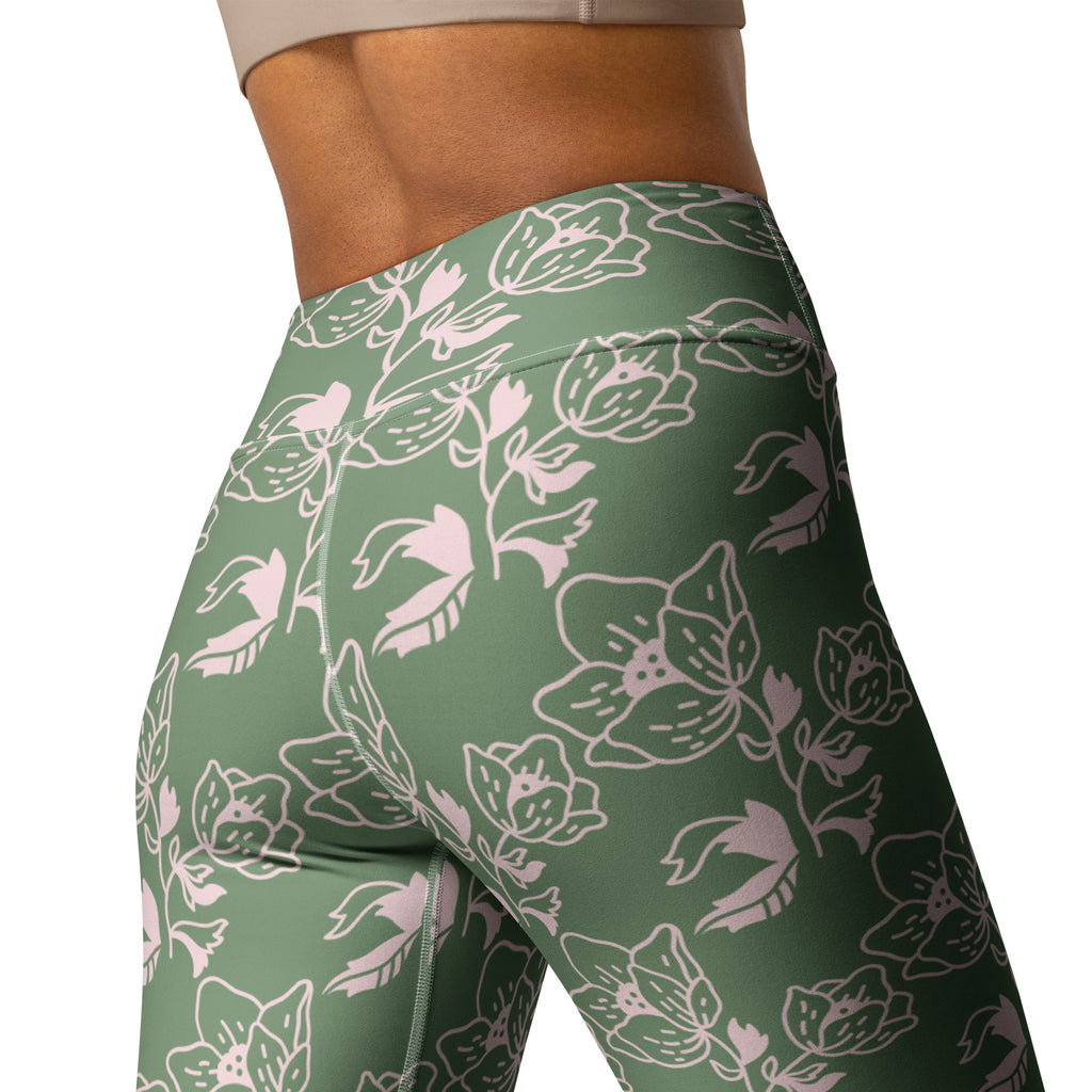 Amulet Green Yoga Leggings with Flower Design: Connect with Nature in Every Pose 🌿🌺 (Includes Pocket)