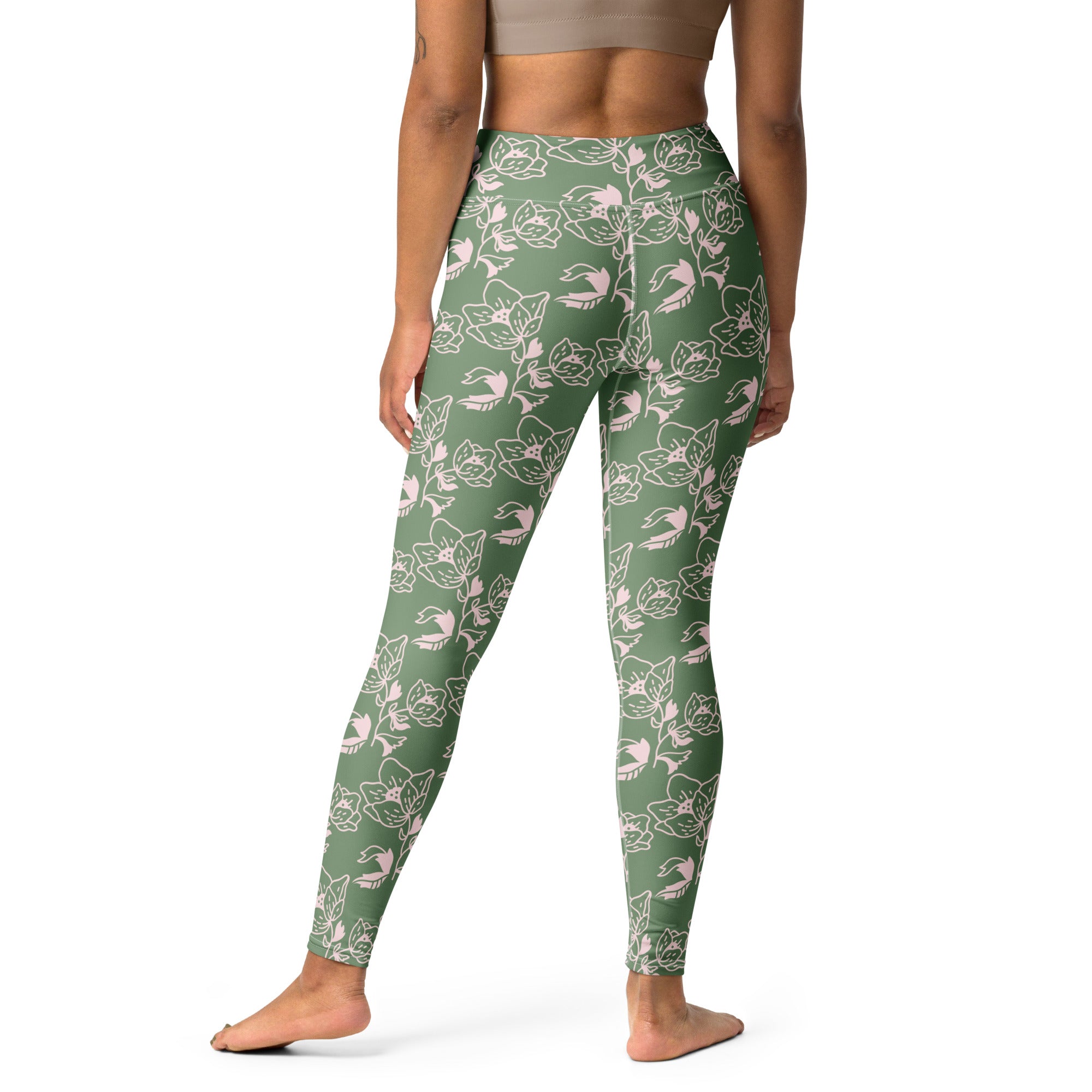 Amulet Green Yoga Leggings with Flower Design: Connect with Nature in Every Pose 🌿🌺 (Includes Pocket)