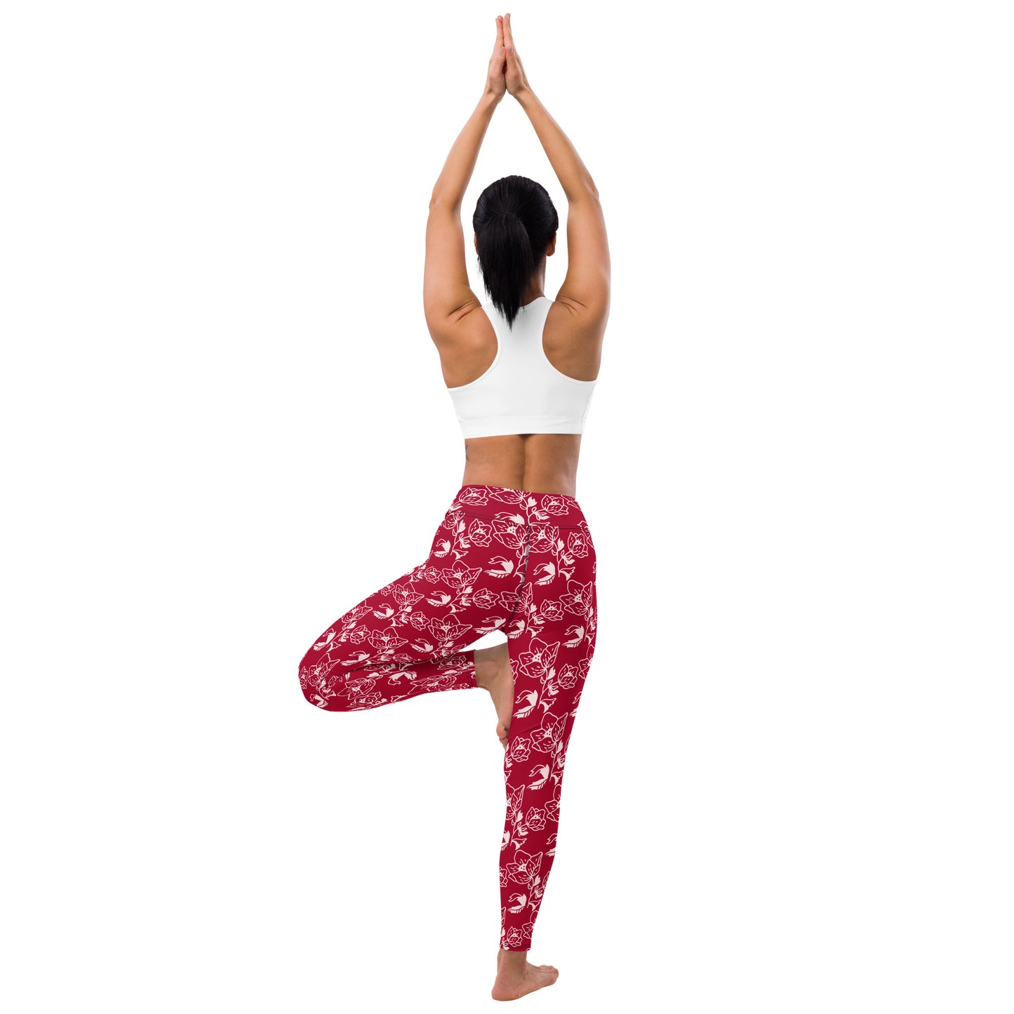 Carmine Yoga Leggings with Flowers: Vibrant Elegance for your Practices 🌺❤️ (Includes Pocket)