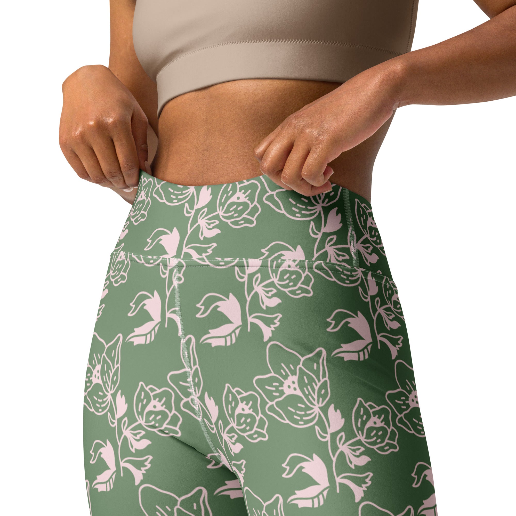 Amulet Green Yoga Leggings with Flower Design: Connect with Nature in Every Pose 🌿🌺 (Includes Pocket)
