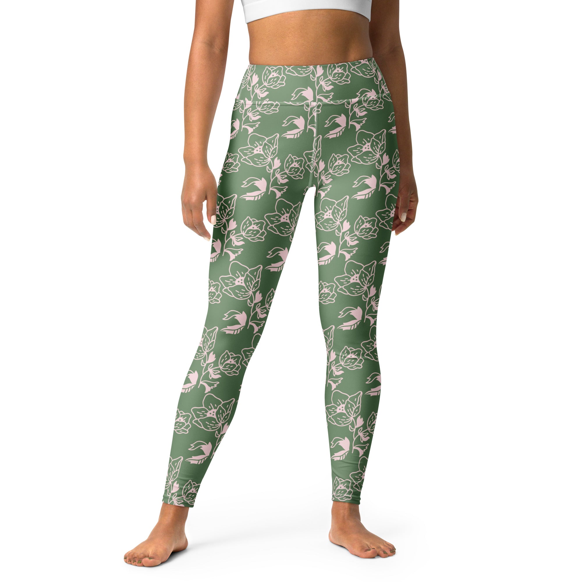 Amulet Green Yoga Leggings with Flower Design: Connect with Nature in Every Pose 🌿🌺 (Includes Pocket)