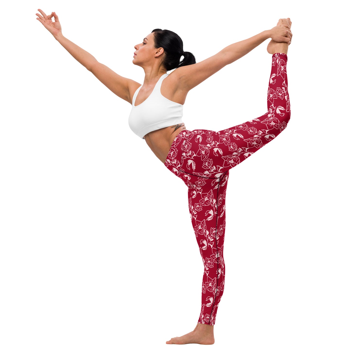 Carmine Yoga Leggings with Flowers: Vibrant Elegance for your Practices 🌺❤️ (Includes Pocket)