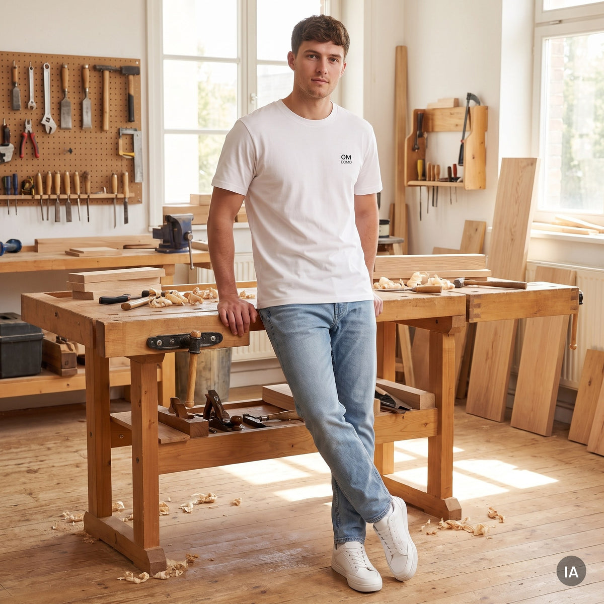 Camiseta gruesa unisex OMDOMO bordado — imagen generada con IA a partir de la foto real del producto