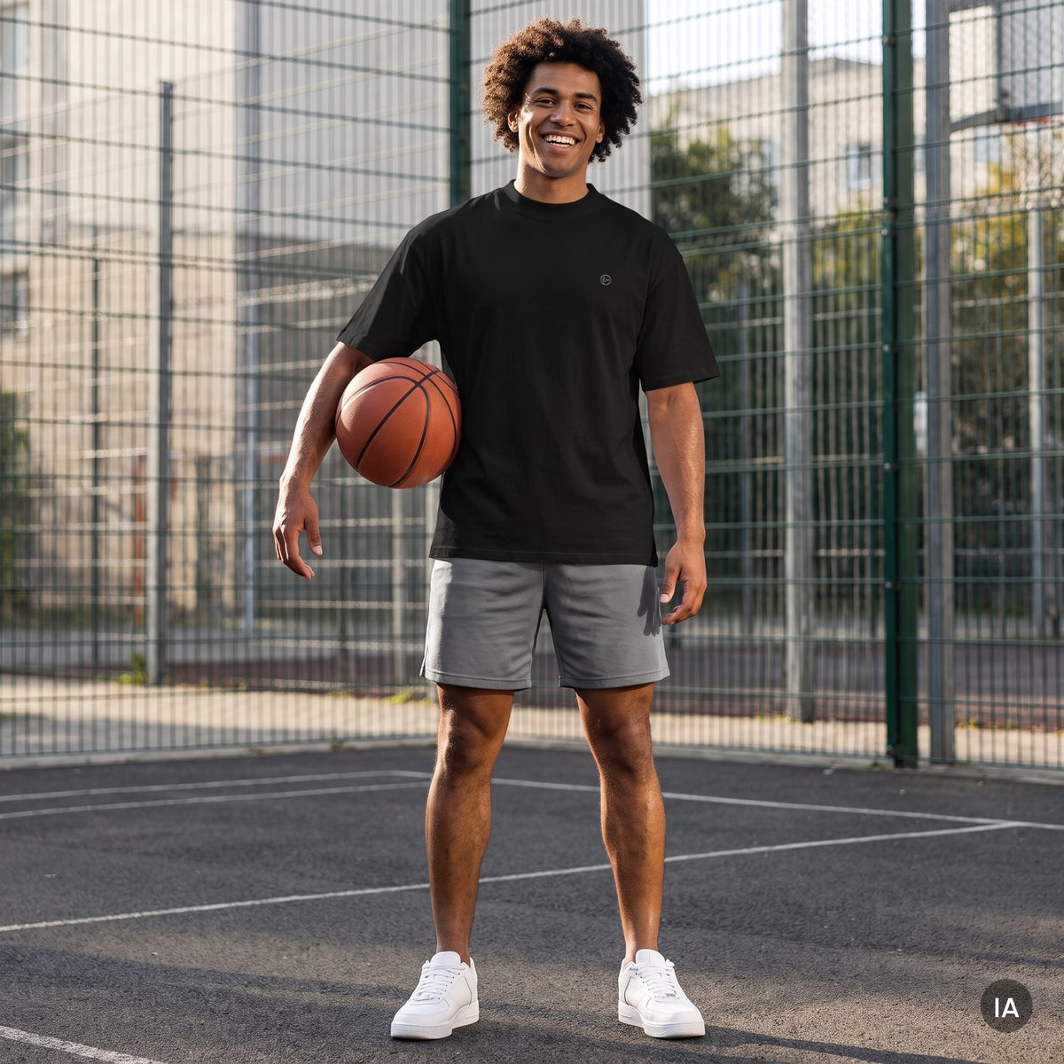 Camiseta oversize de cuello alto unisex Om — imagen generada con IA a partir de la foto real del producto