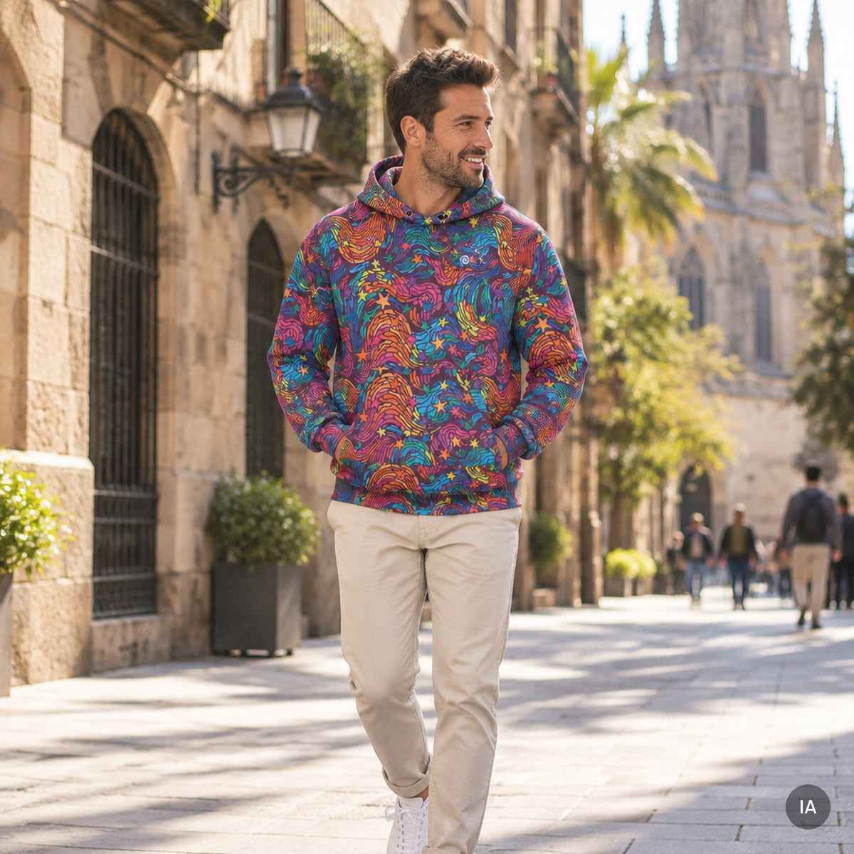 Sudadera con capucha Tormenta de Colores con modelo generado por IA [hombre]