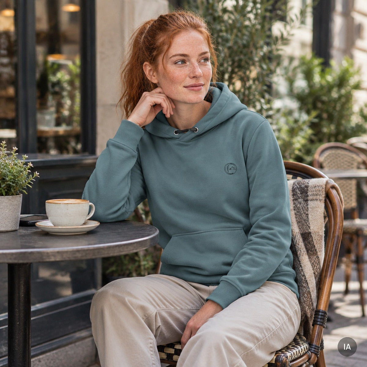 Sudadera con capucha Verde Jade con modelo generada por IA [mujer]