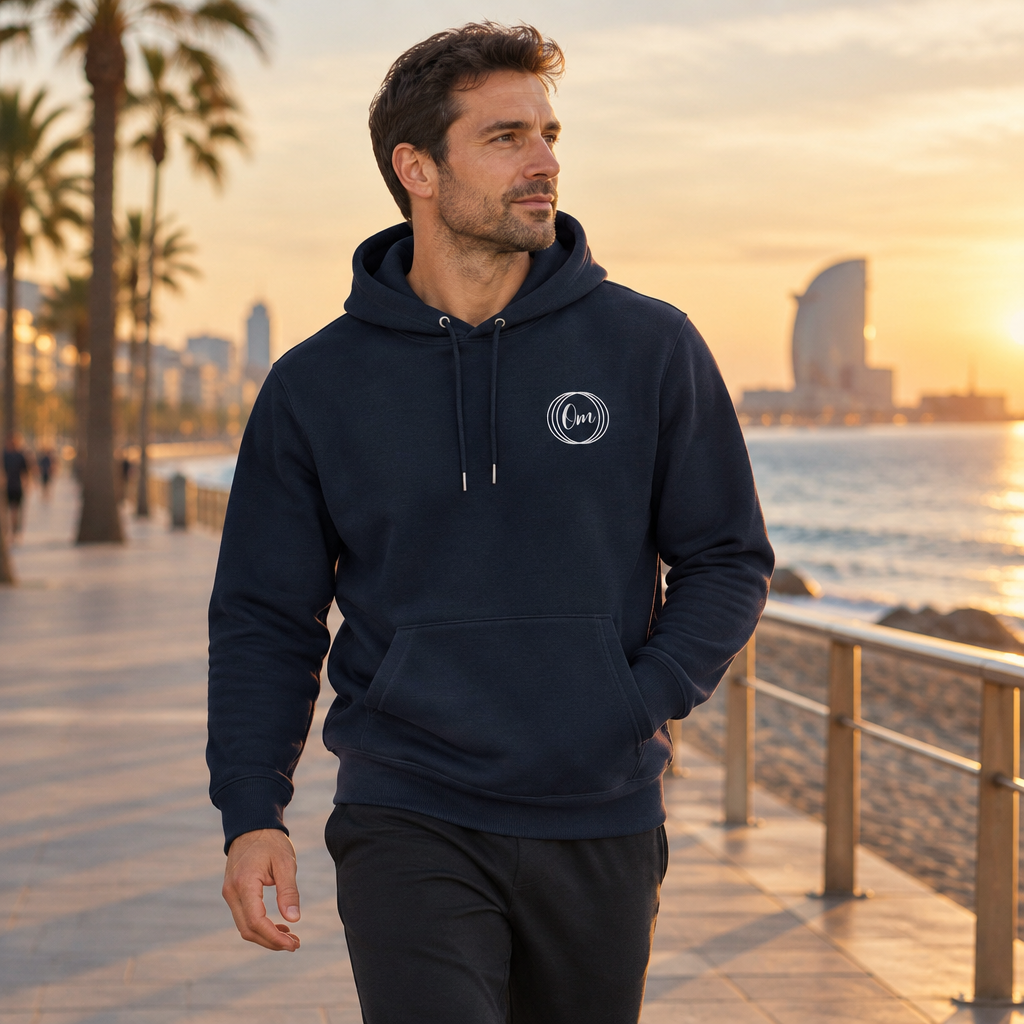 Sudadera con capucha Om bordada azul marino con modelo generado por IA [hombre]