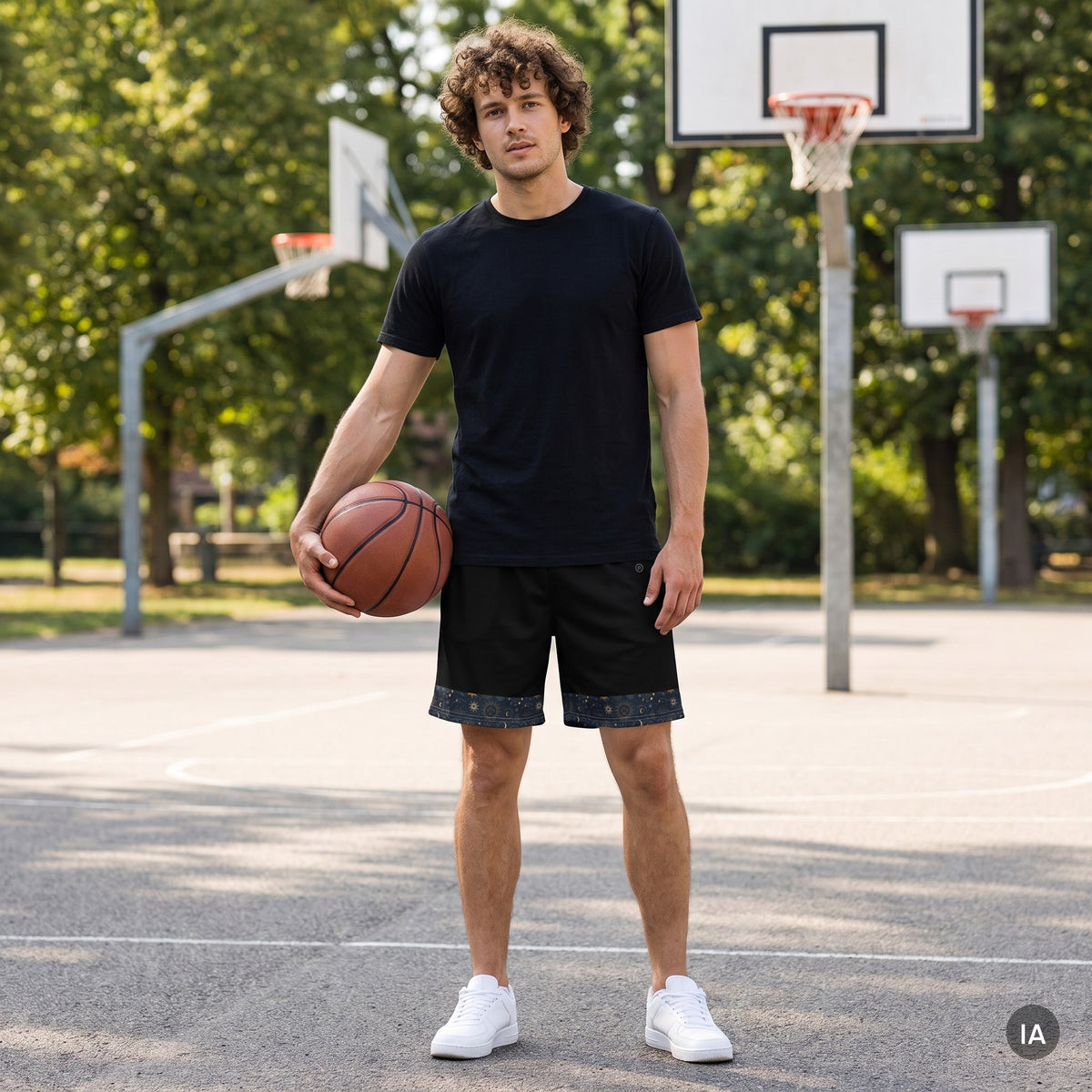 Pantalón corto de deporte — Negro Universo — imagen generada con IA a partir de la foto real del producto
