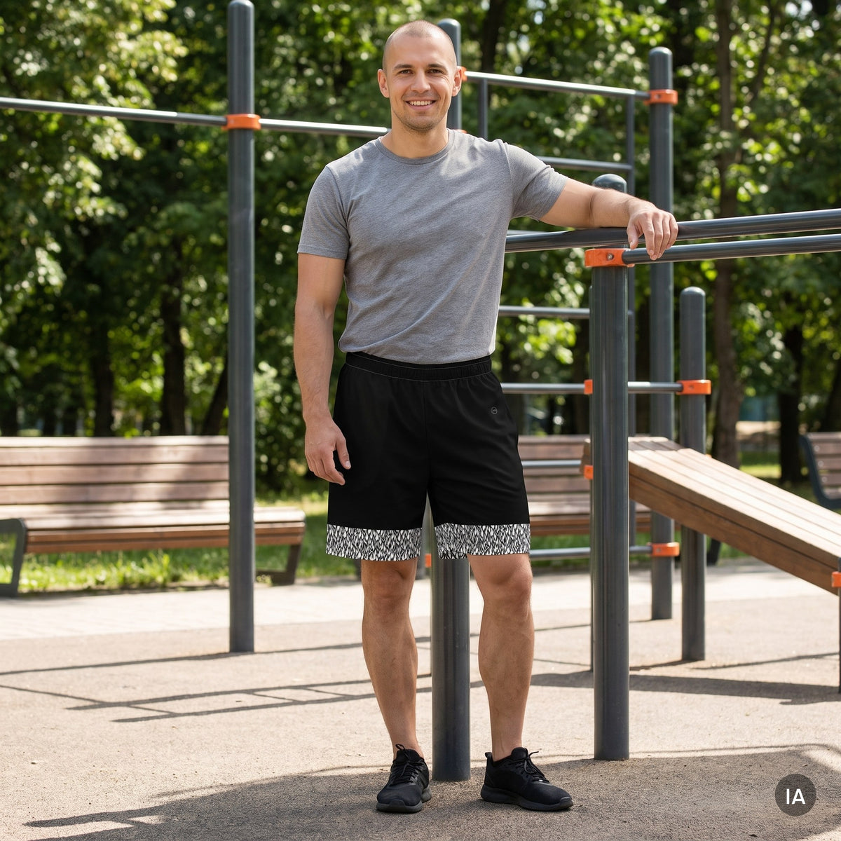 Pantalón corto de deporte — Negro Llamas — imagen generada con IA a partir de la foto real del producto