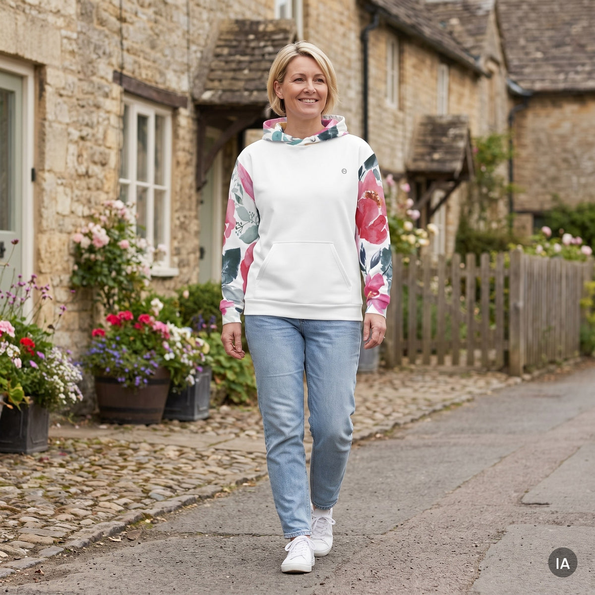 Sudadera con capucha blanca con flores en las mangas — imagen generada con IA a partir de la foto real del producto