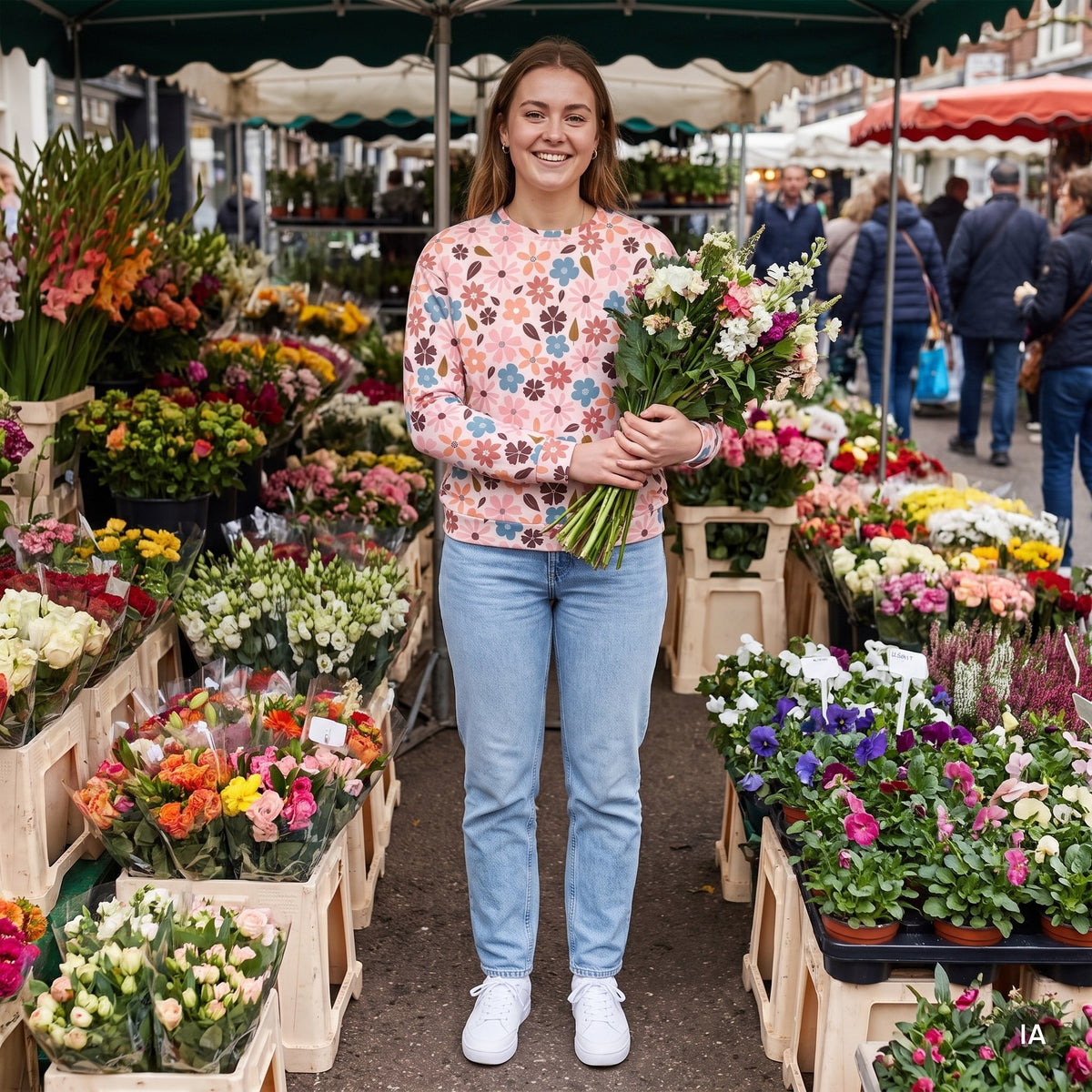 Sudadera con diseño floral — imagen generada con IA a partir de la foto real del producto