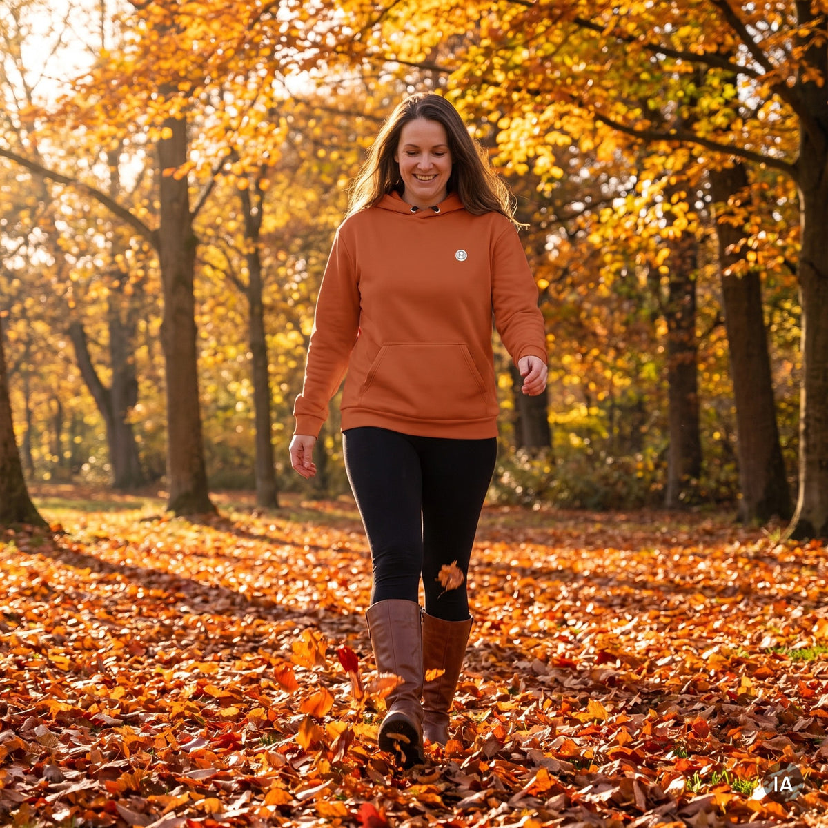 Sudadera con capucha Naranja Tenné — imagen generada con IA a partir de la foto real del producto